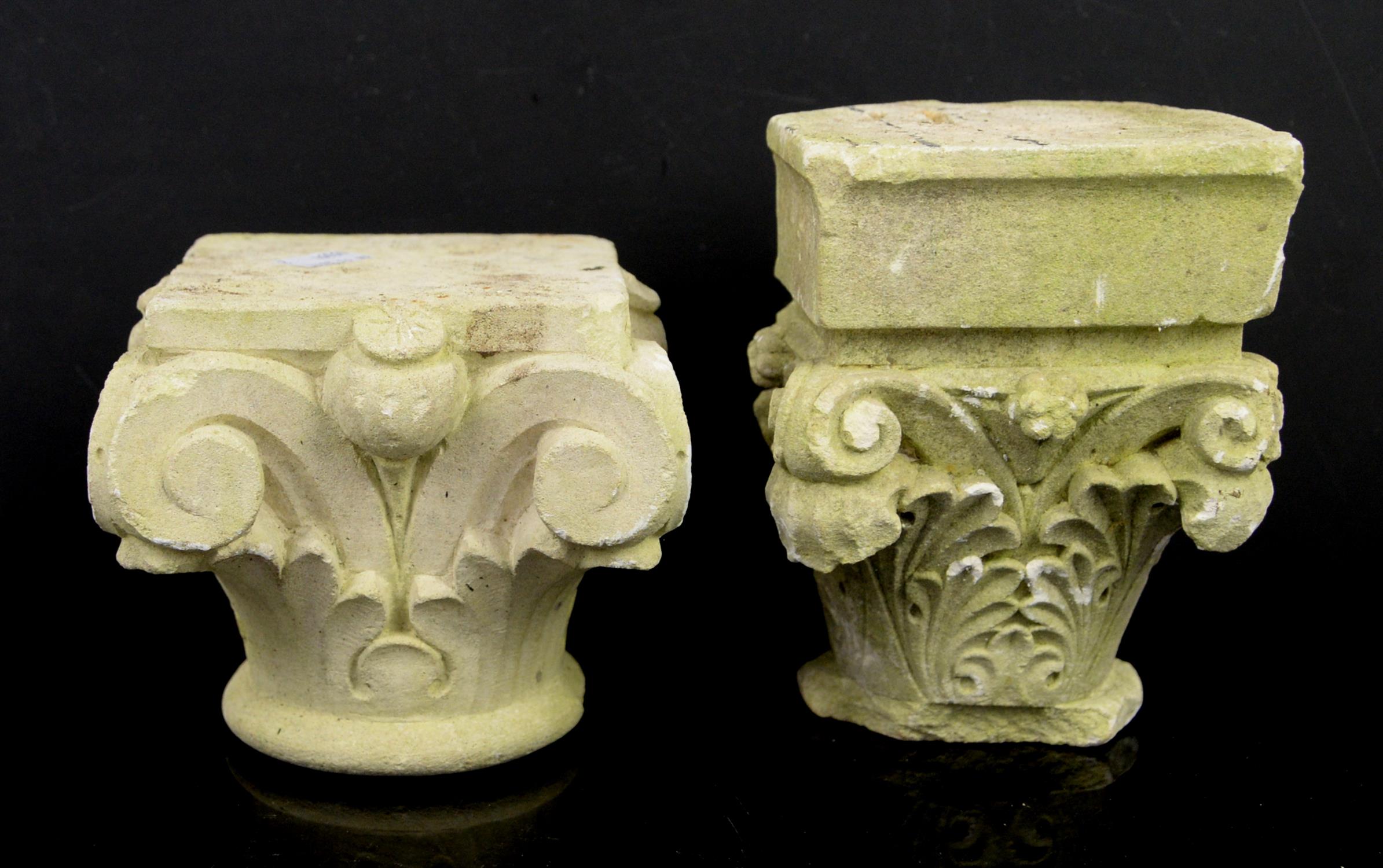 Two carved stone Corinthian column capitals, (one partial), 17.5cm high, the other 13cm high, (2),