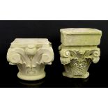 Two carved stone Corinthian column capitals, (one partial), 17.5cm high, the other 13cm high, (2),