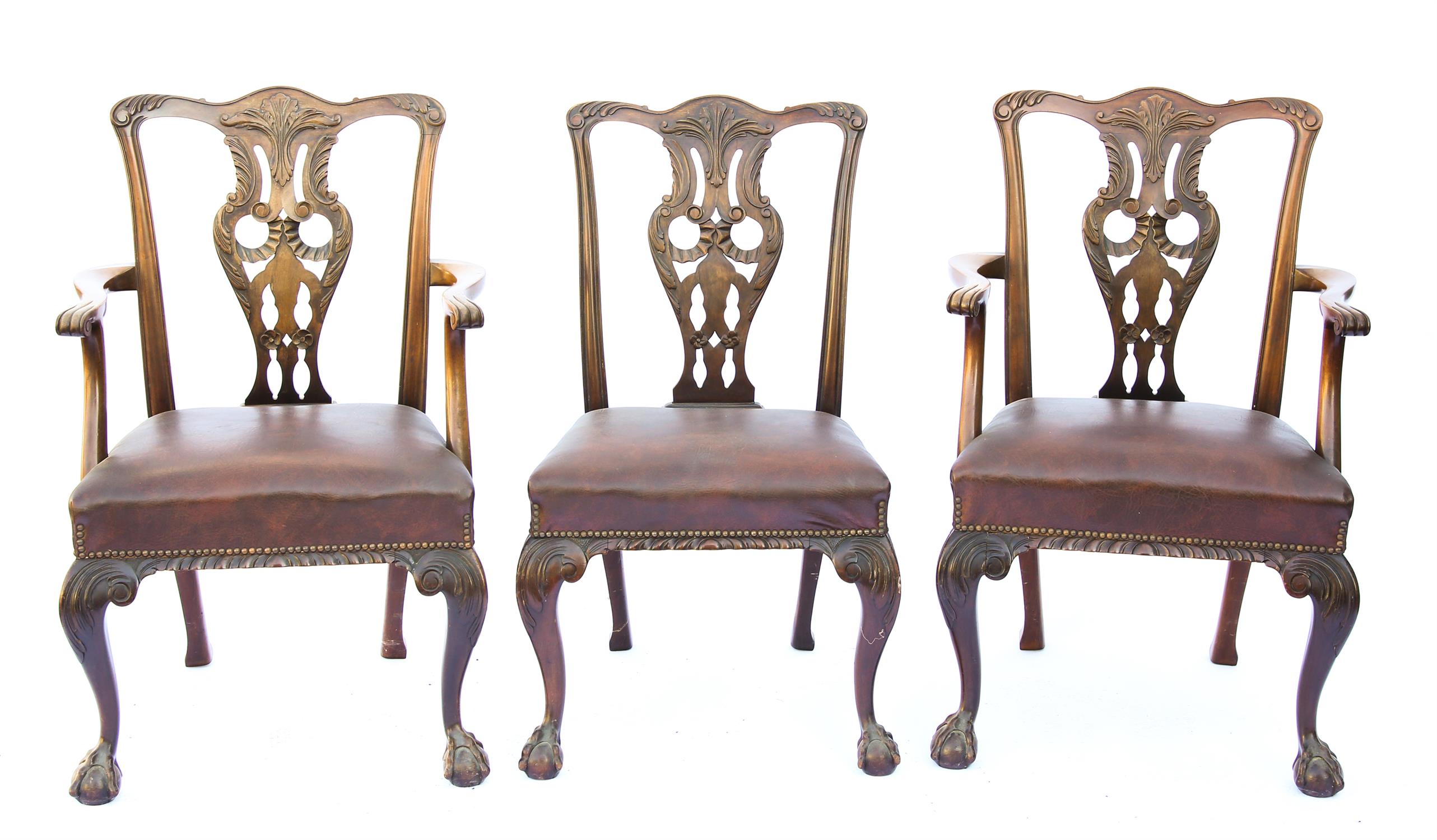 Set of six 19th century mahogany Chippendale style dining chairs, with carved splat backs on