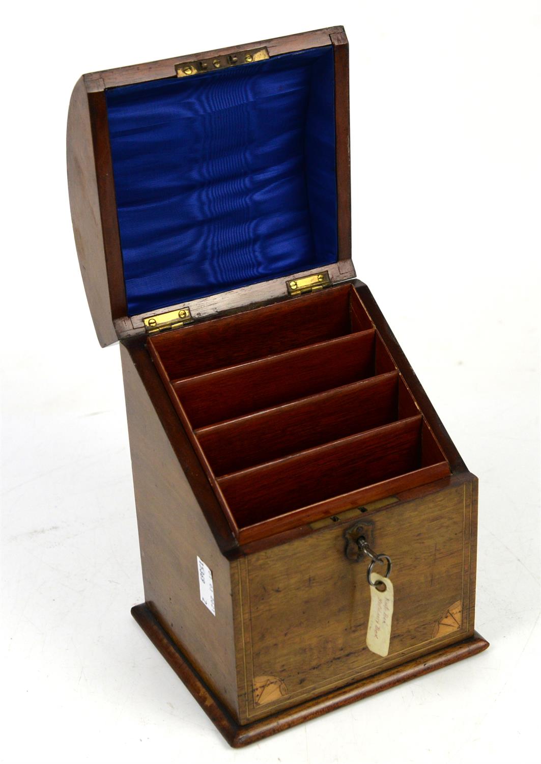 Late 19th century mahogany stationery box with domed cover and shell inlay on square base, h20. - Image 2 of 2