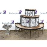 Three tier metal garden planter, H90 x W110 x D60cm, together with a Victorian lead bird bath,