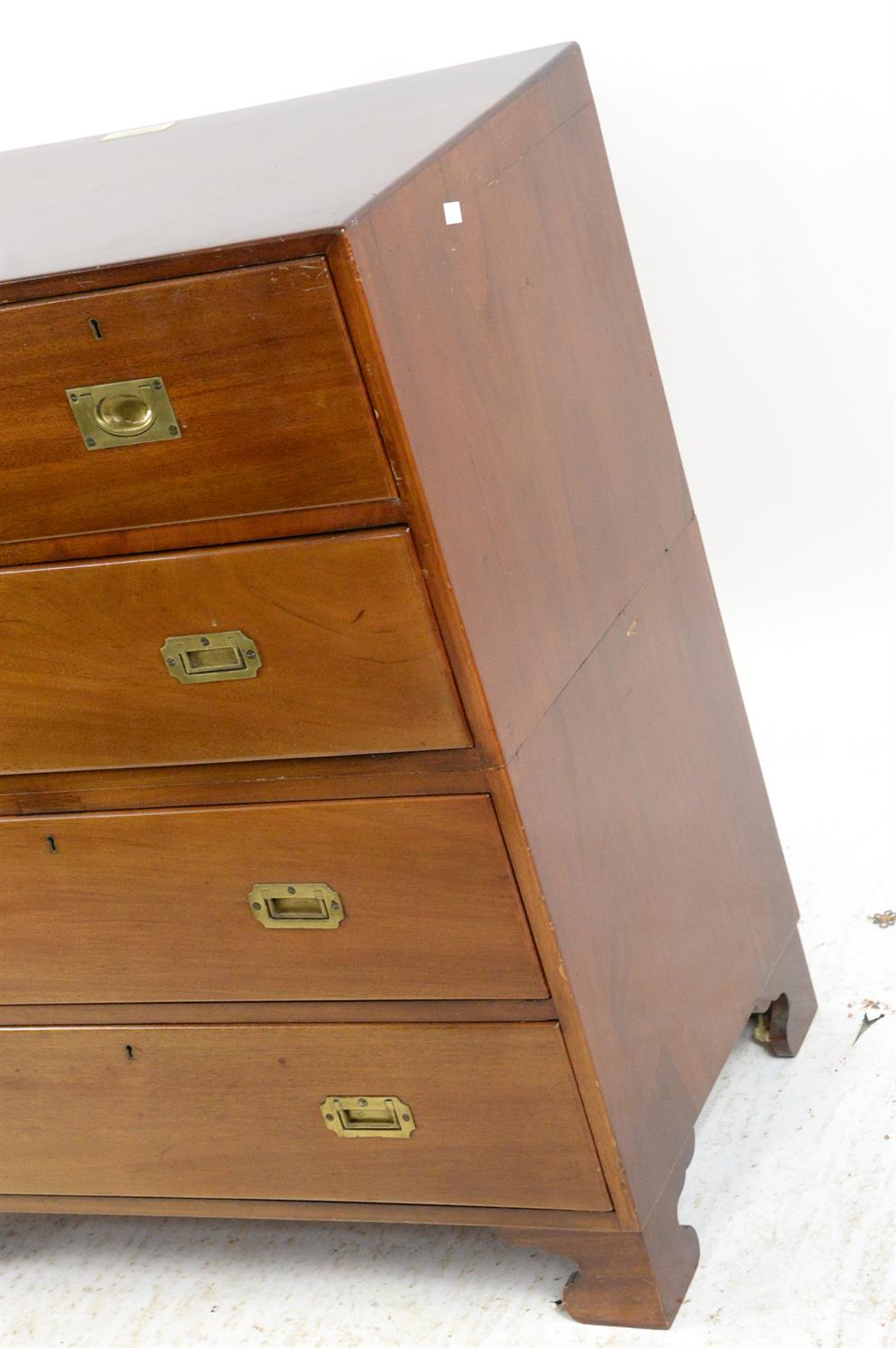 20th century mahogany campaign style chest, with two short over three long drawers on bracket feet, - Image 2 of 5