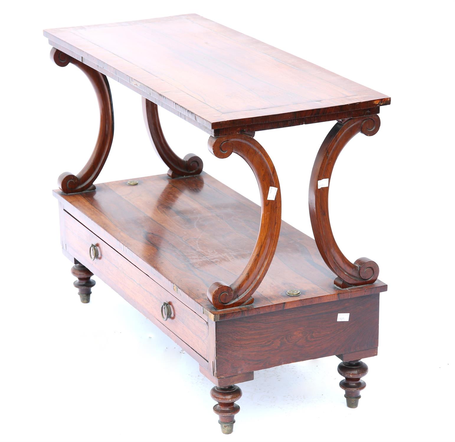 19th century rosewood two tier whatnot, with scrolling supports above a single long drawer on - Image 2 of 2