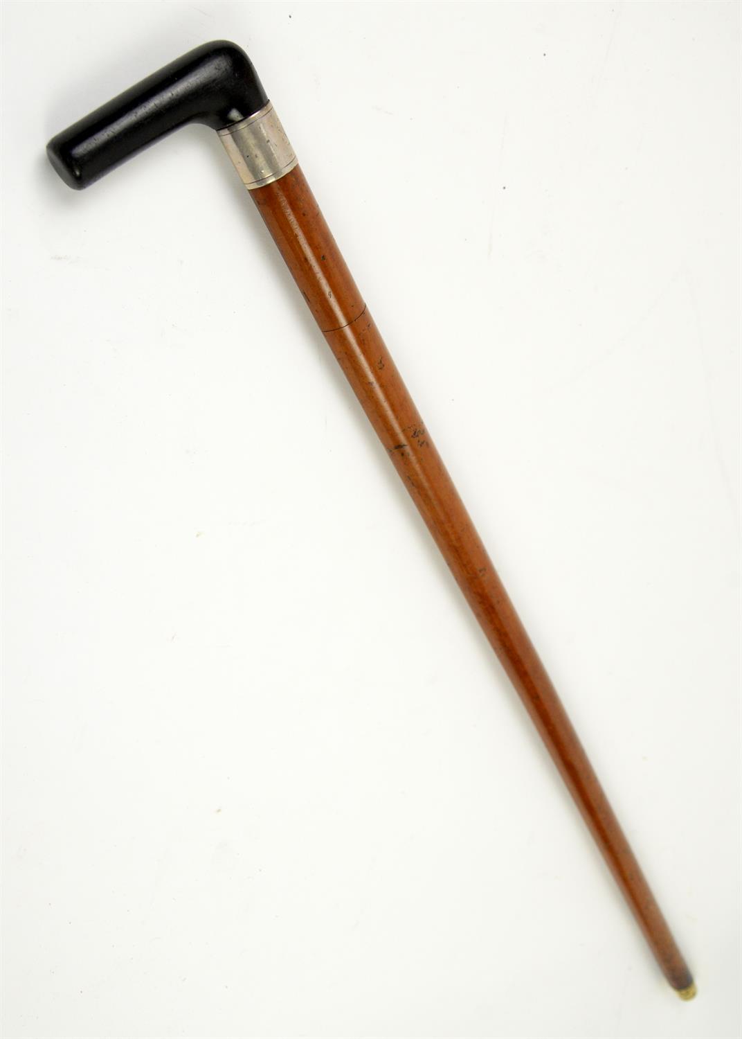 Late 19th century malacca swordstick with ebony handle and white metal mount, 84.5cm long,
