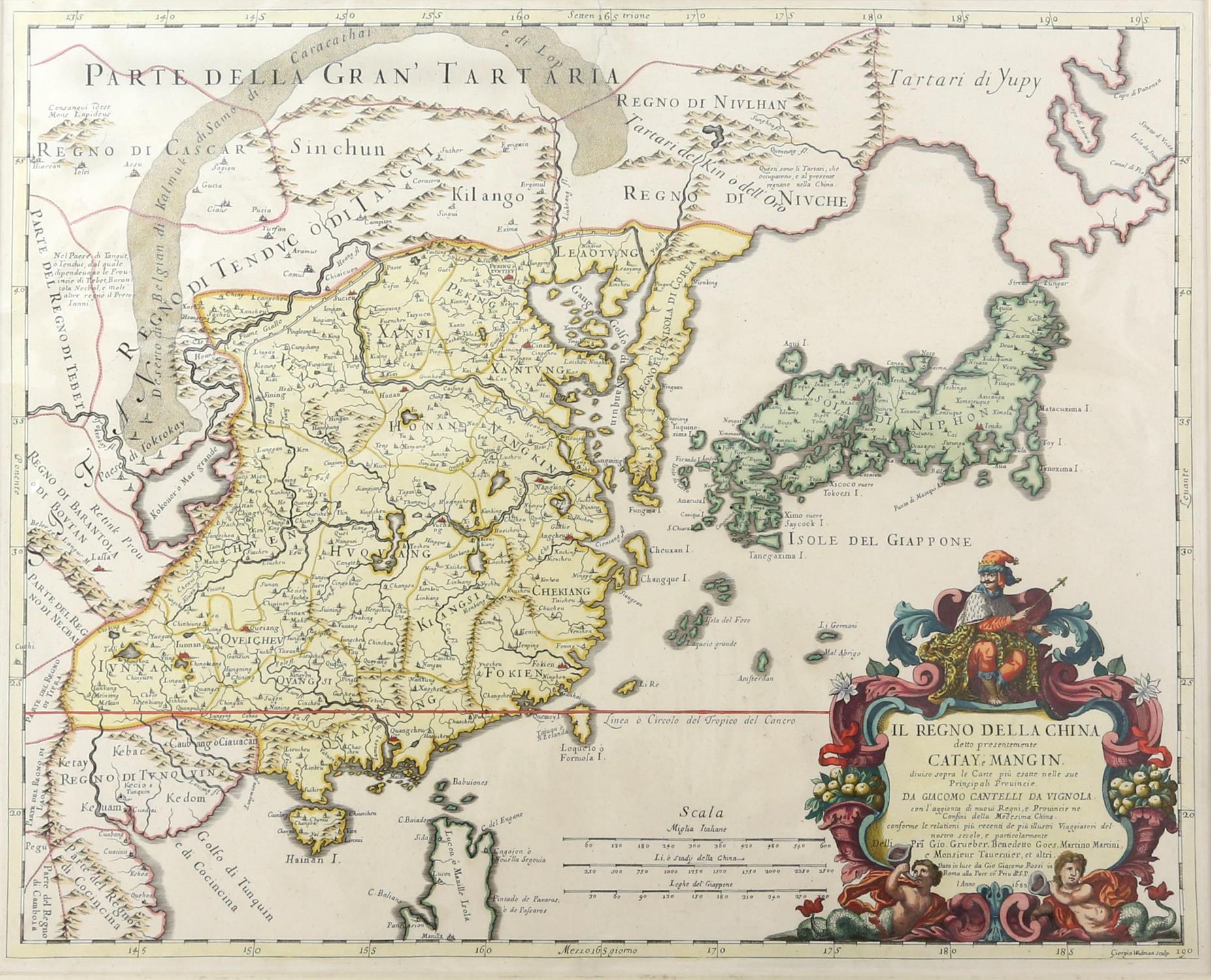 17th century map of China and Japan by Giacomo Rossi, scrolled cartouche surmounted by The Great