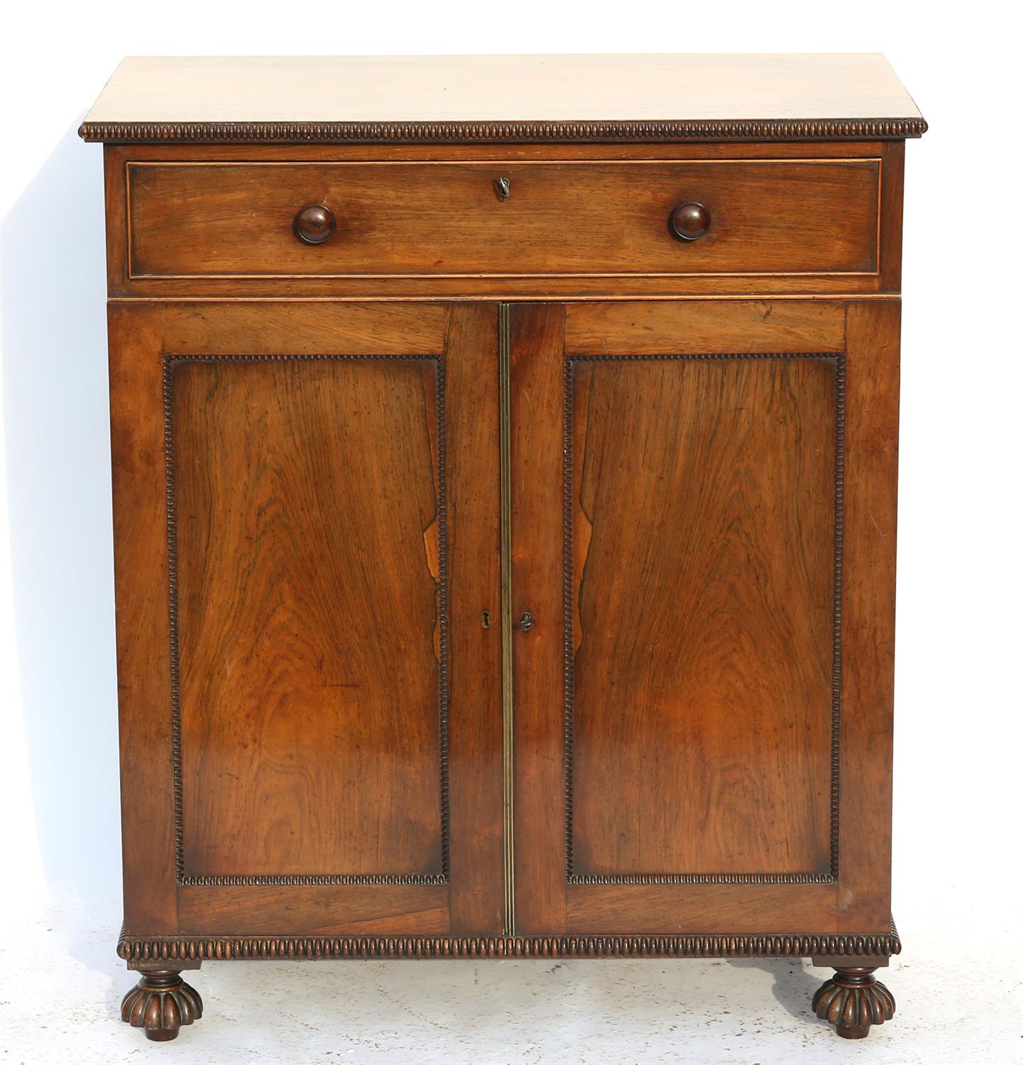 Pair of Regency rosewood cabinets, with gadrooned borders, each having a single drawer above two - Image 4 of 5