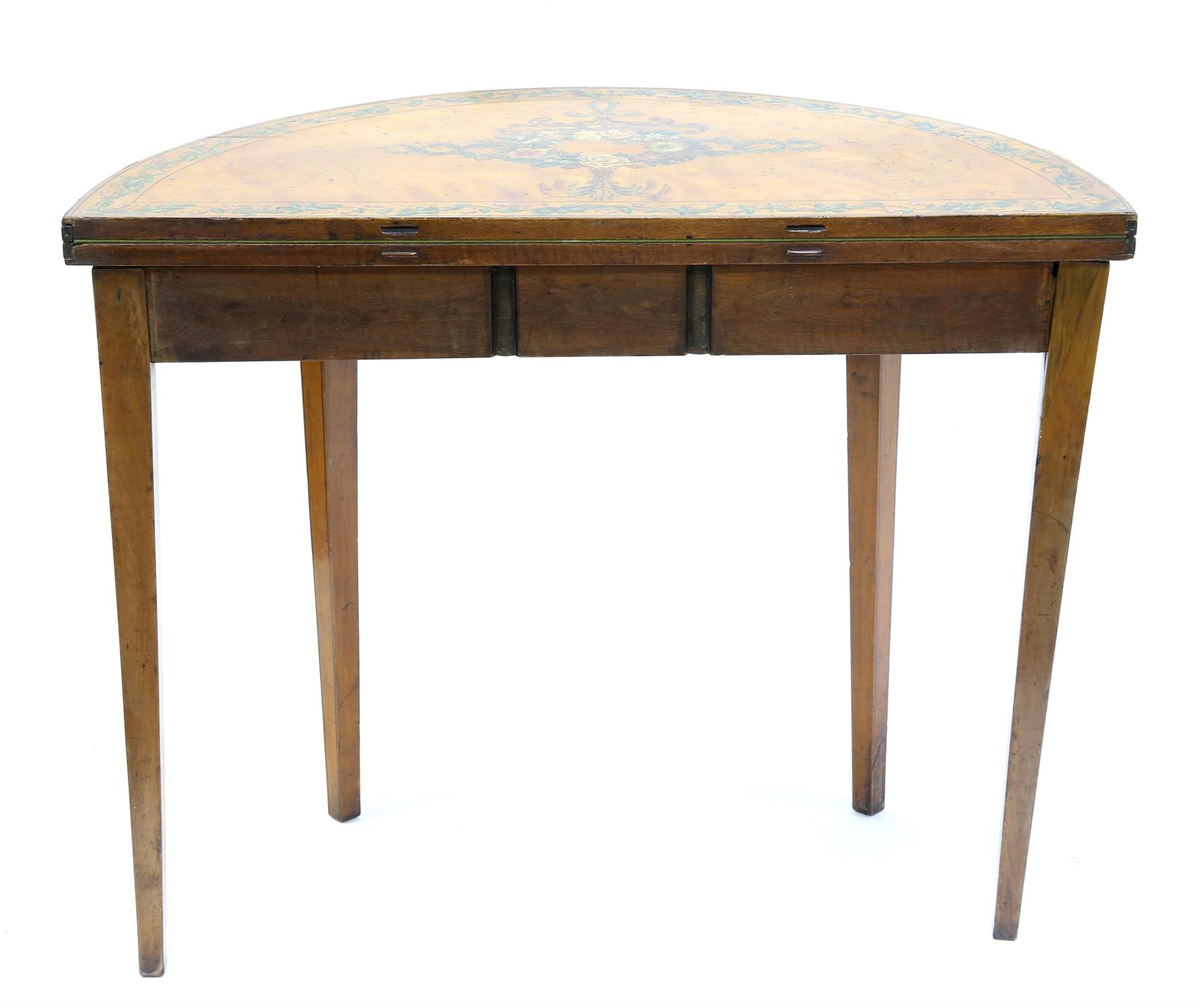 Pair of 19th century floral painted satinwood demi-lune card tables, with folding tops, - Image 3 of 4