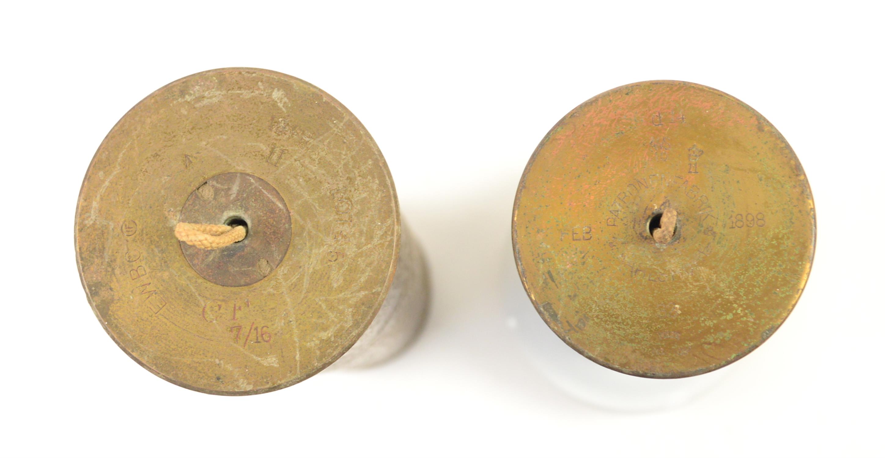 Wall mounted dinner gong, with two brass artillery shell cases on wall plaque with scrolling hooks, - Image 2 of 2