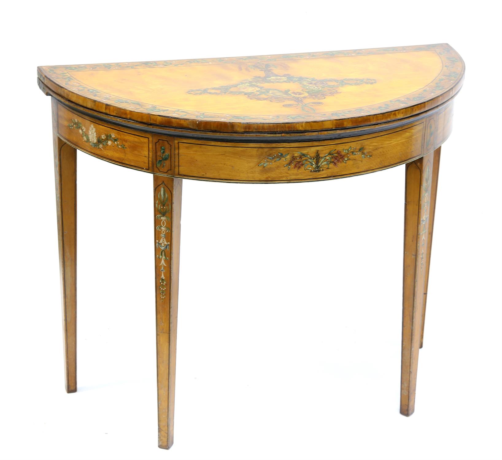 Pair of 19th century floral painted satinwood demi-lune card tables, with folding tops,