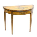 Pair of 19th century floral painted satinwood demi-lune card tables, with folding tops,
