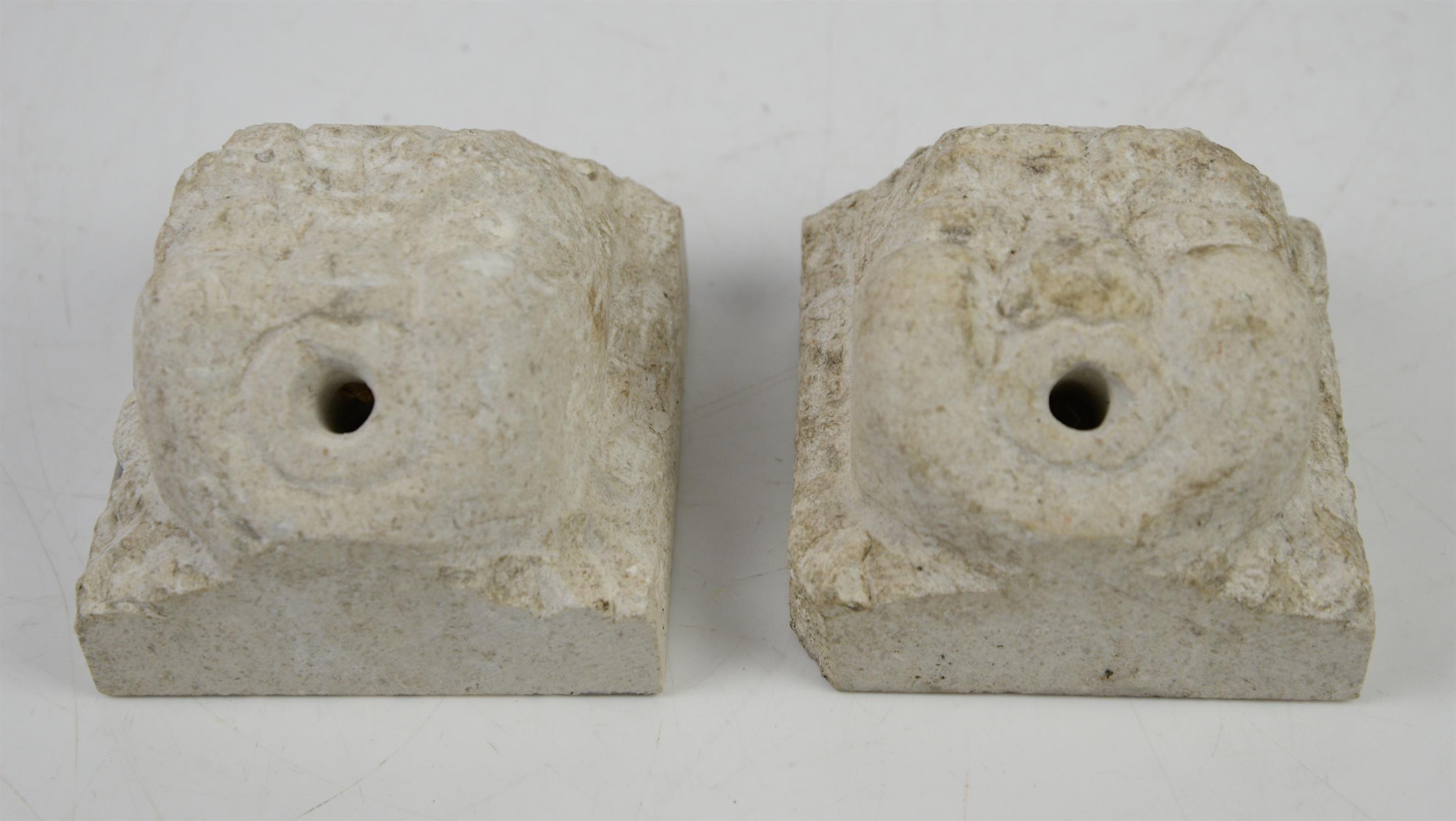 Pair of carved stone mask water spouts, h9.5cm x w10cm x d7.5cm, - Image 2 of 2