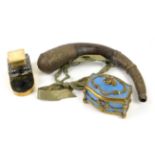 Early 20th century brass and glass inkwell on stand, 12.5cm long, brass mounted powder horn,