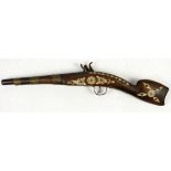 Reproduction flintlock pistol, studded and inlaid and with three band stock, 23 inches total length