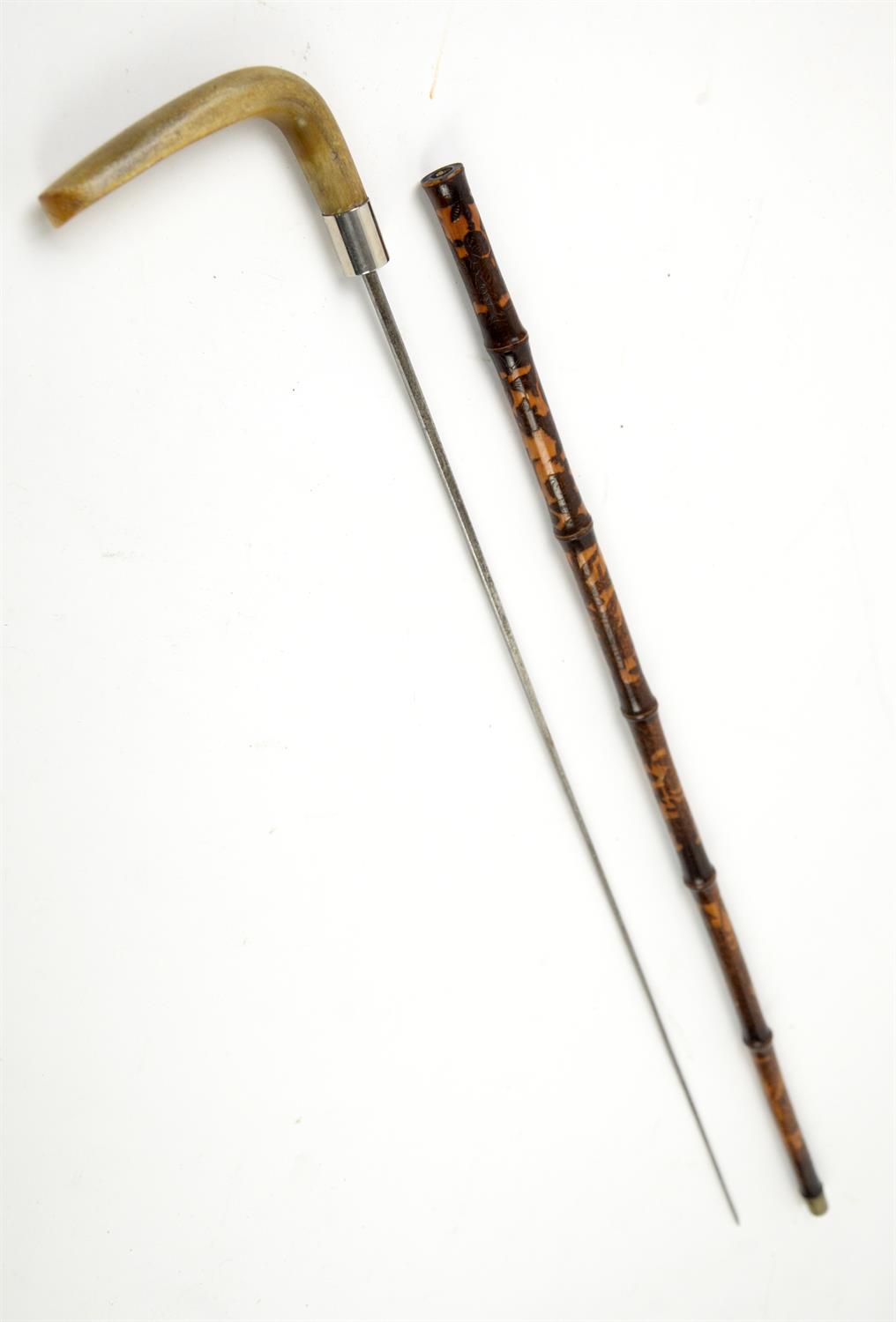 Late 19th/early 20th century swordstick, with carved horn handle and the cane sheath carved - Image 2 of 2