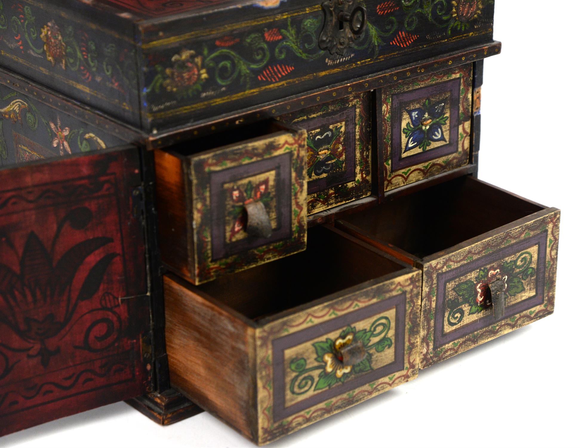 German wooden jewellery box painted with figures and flowers, with hinged lid revealing fitted - Image 3 of 5