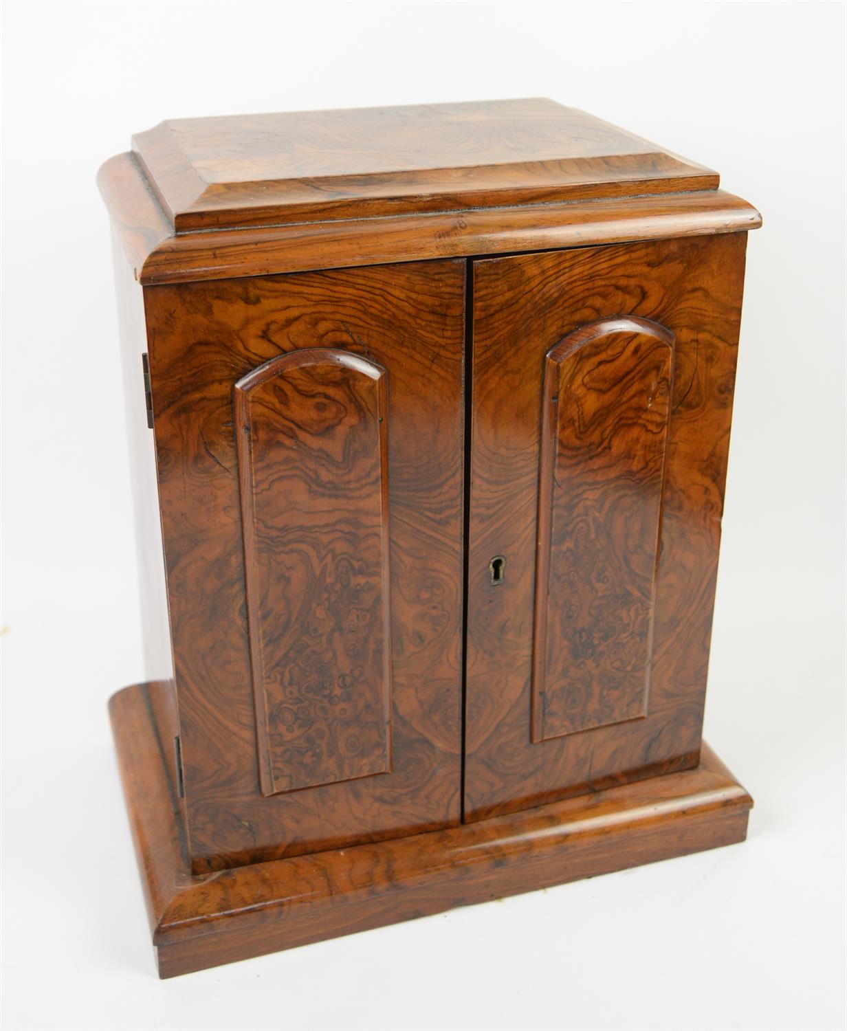 Late 19th century burr walnut cigar chest, with panelled doors enclosing four drawers,