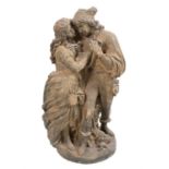 Terracotta figural group modelled as two lovers embracing, 73cm high