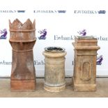 Terracotta chimney pot with crown finial, H94cm, together with two other chimney pots,