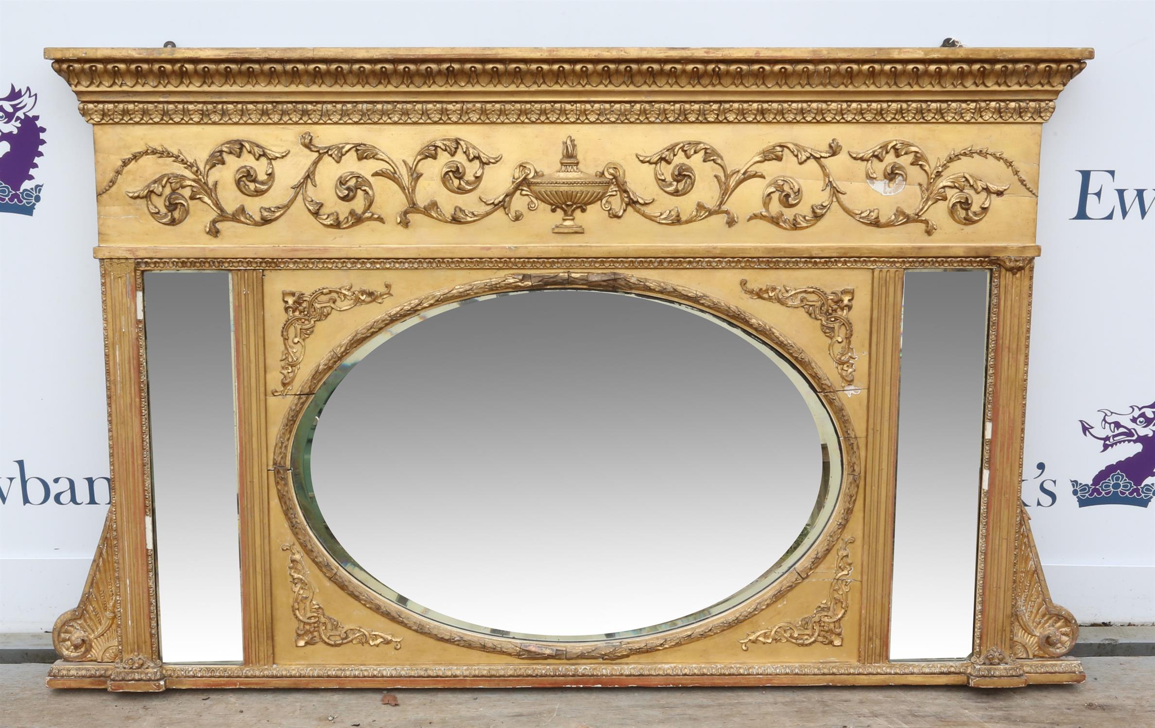 19th century giltwood and gesso over-mantel mirror, the relief carved frieze with urn and scrolling