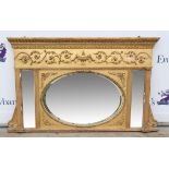 19th century giltwood and gesso over-mantel mirror, the relief carved frieze with urn and scrolling