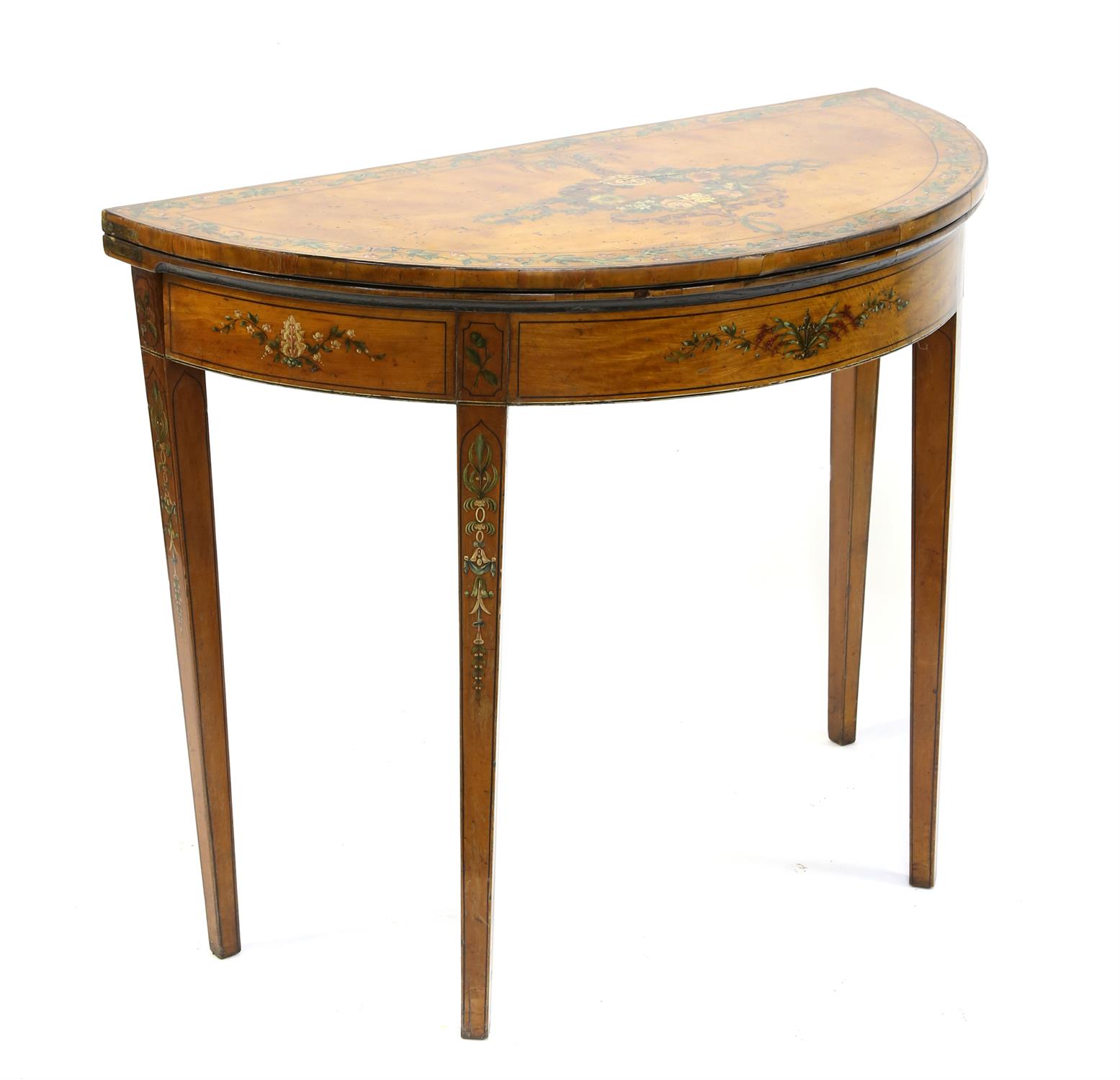 Pair of 19th century floral painted satinwood demi-lune card tables, with folding tops, - Image 2 of 4