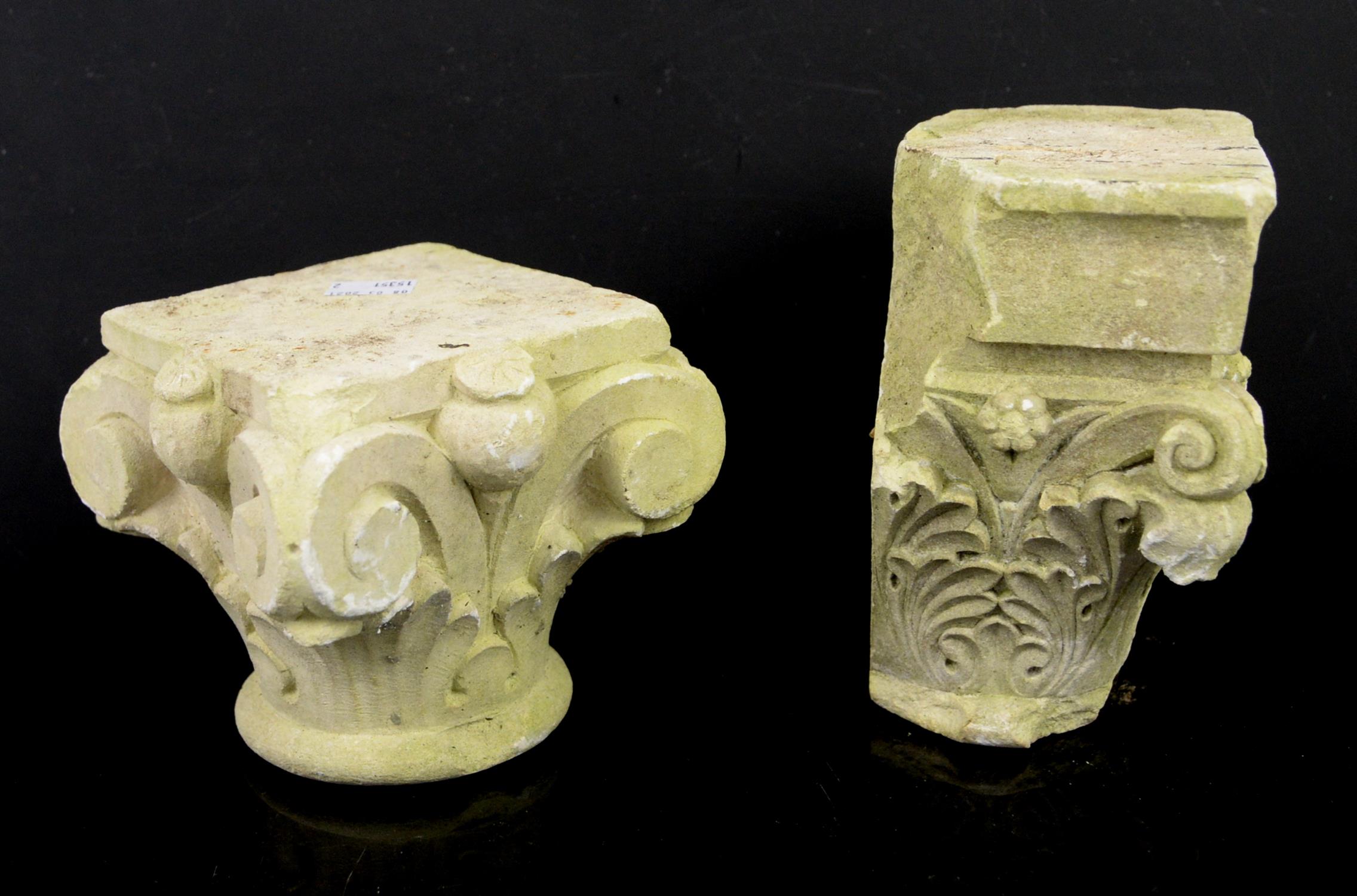Two carved stone Corinthian column capitals, (one partial), 17.5cm high, the other 13cm high, (2), - Image 2 of 3