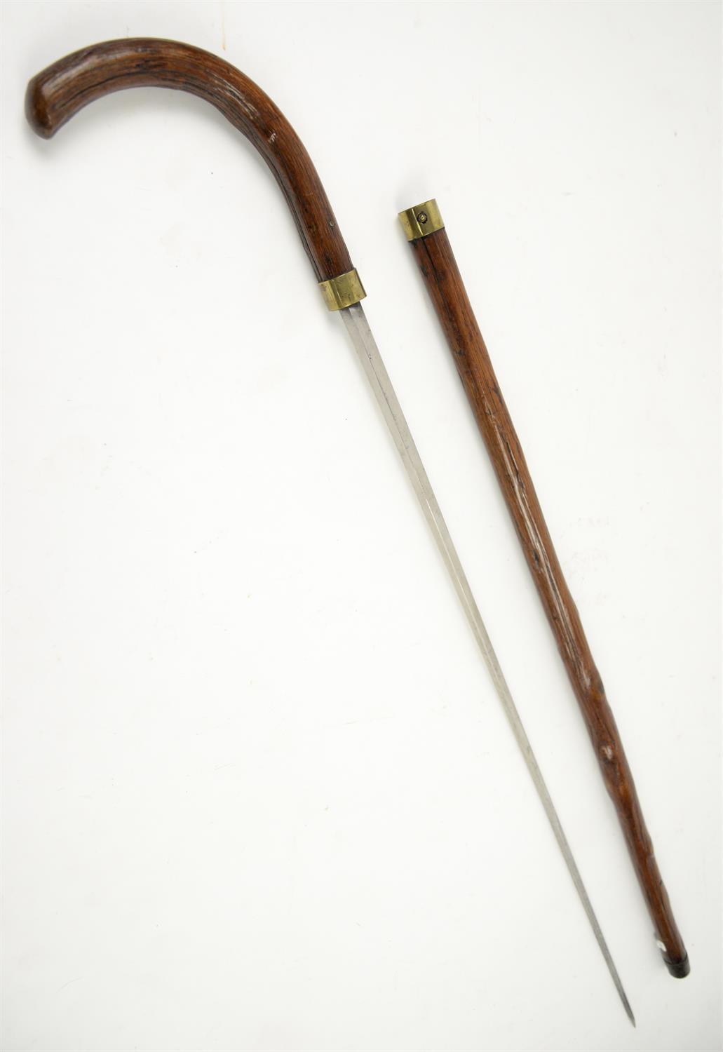 Early 20th century wood sheathed and brass mounted swordstick, 94cm long, - Image 2 of 2