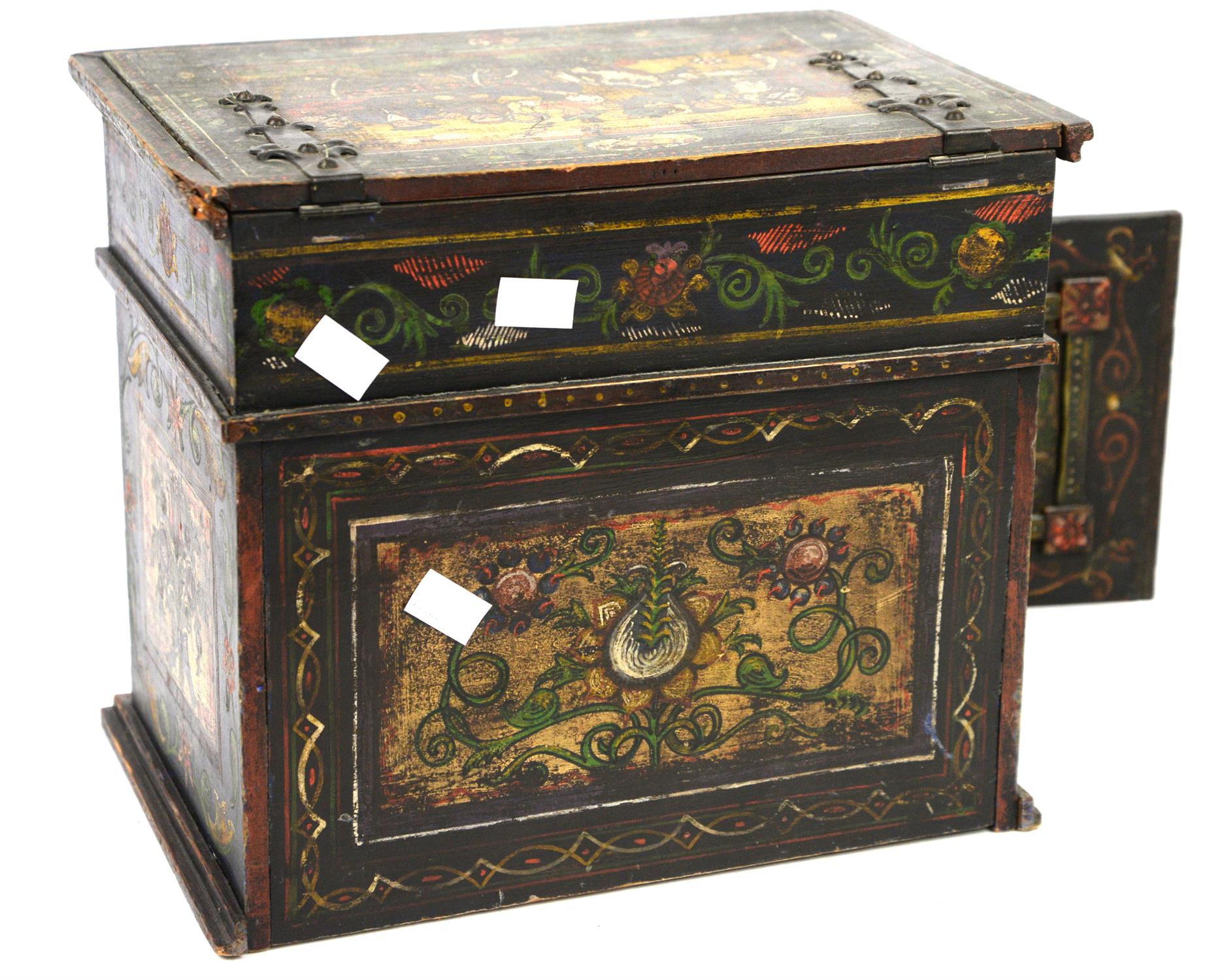 German wooden jewellery box painted with figures and flowers, with hinged lid revealing fitted - Image 5 of 5