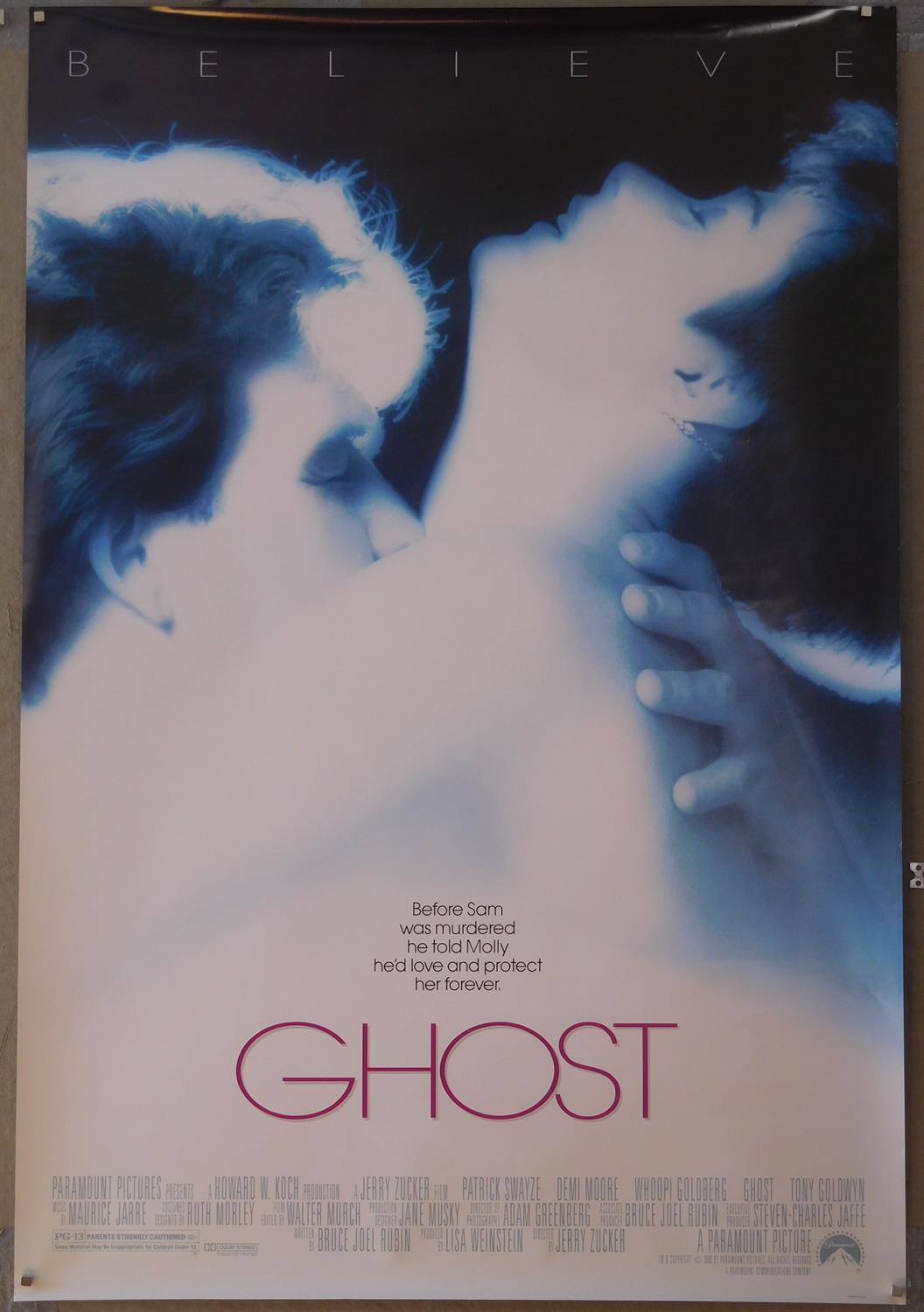 Ghost (1990) US One sheet film poster, directed by Jerry Zucker and starring Patrick Swayze, rolled,