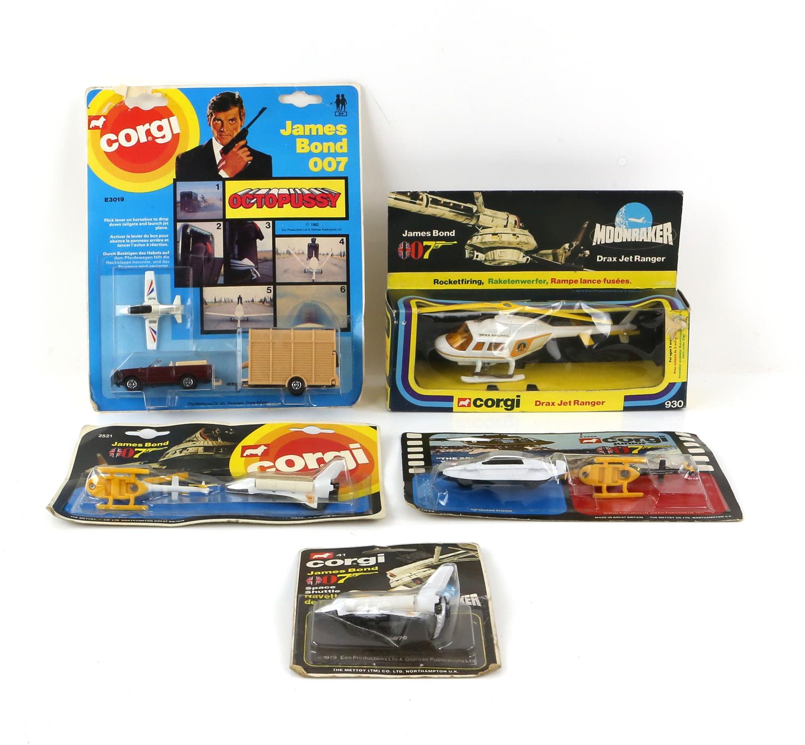 James Bond - Five Corgi models including Moonraker Drax Jet Ranger 930, Octopussy E3019,