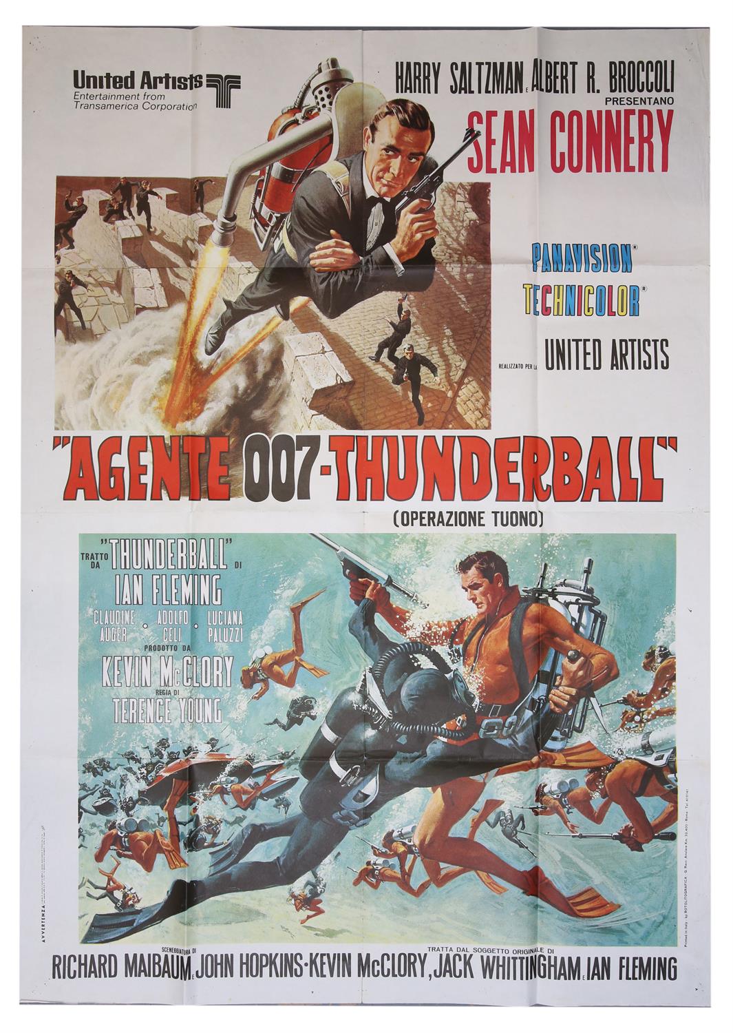 James Bond Thunderball (R-1970's) Italian One Panel film poster, starring Sean Connery, folded,