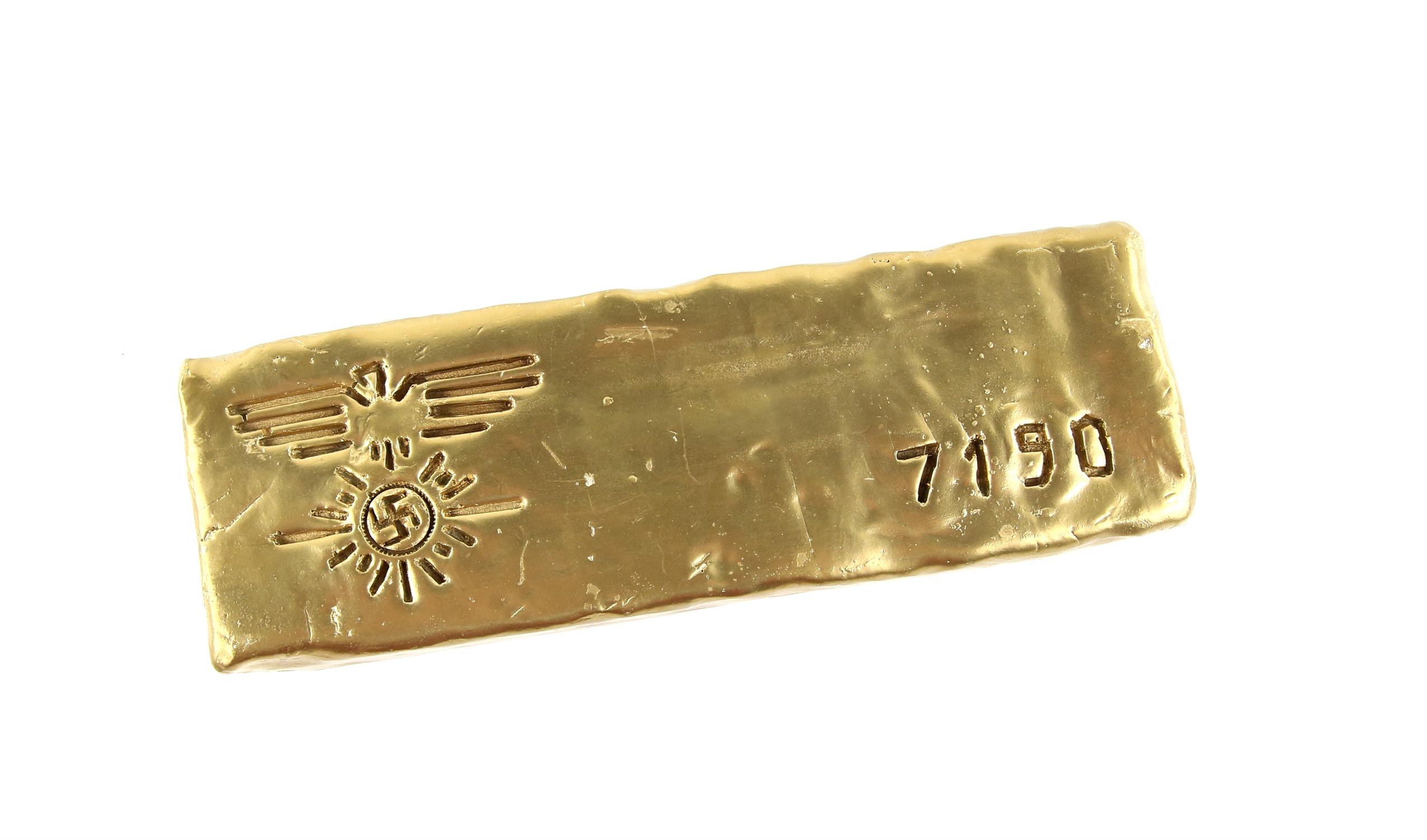 James Bond Goldfinger - Replica gold bar, gold-painted plaster, a prop gold bar of this design is