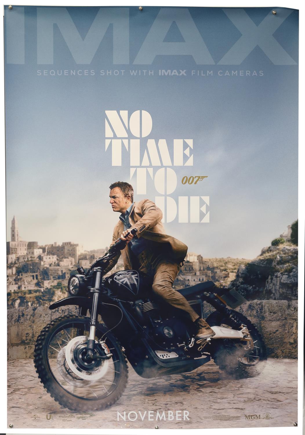 James Bond No Time To Die (2020) Large IMAX film poster showing Daniel Craig on a Triumph Motorbike,