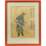 Chinese watercolour painting depicting a warrior with his sword, with calligraphy and red seal mark,