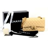 Chanel classic flap bag in rare cream colour quilted grained calf skin with gold hardware, box,