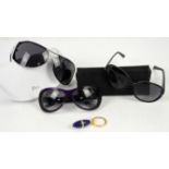 Three pairs of vintage sunglasses, including Givenchy in a Dior case with silk cleaning cloth and