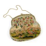 Highly decorative tapestry evening bag on gilt metal frame, embellished with tiny “pearl”beads and