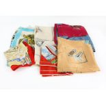 Collection of vintage souvenir scarves on a travel theme, mostly in silk ( 7) together with
