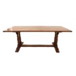 Oak refectory table, on turned supports joined by stretcher, H75 x W198 x D84cm