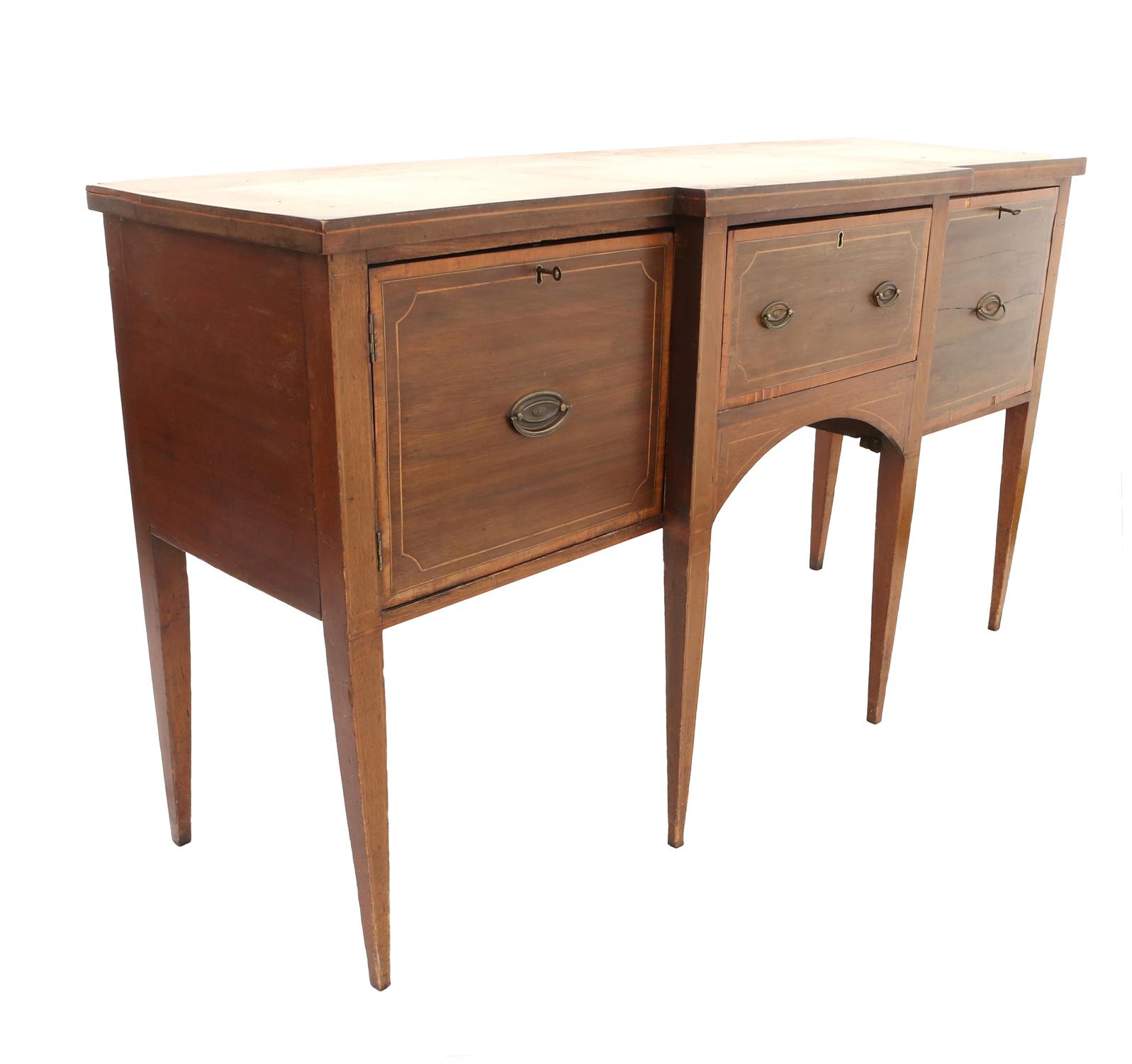 Mahogany breakfront sideboard, with line inlaid decoration, with central drawer flanked by two - Image 2 of 2