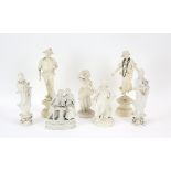 Three continental Parian figurines and four other figurines