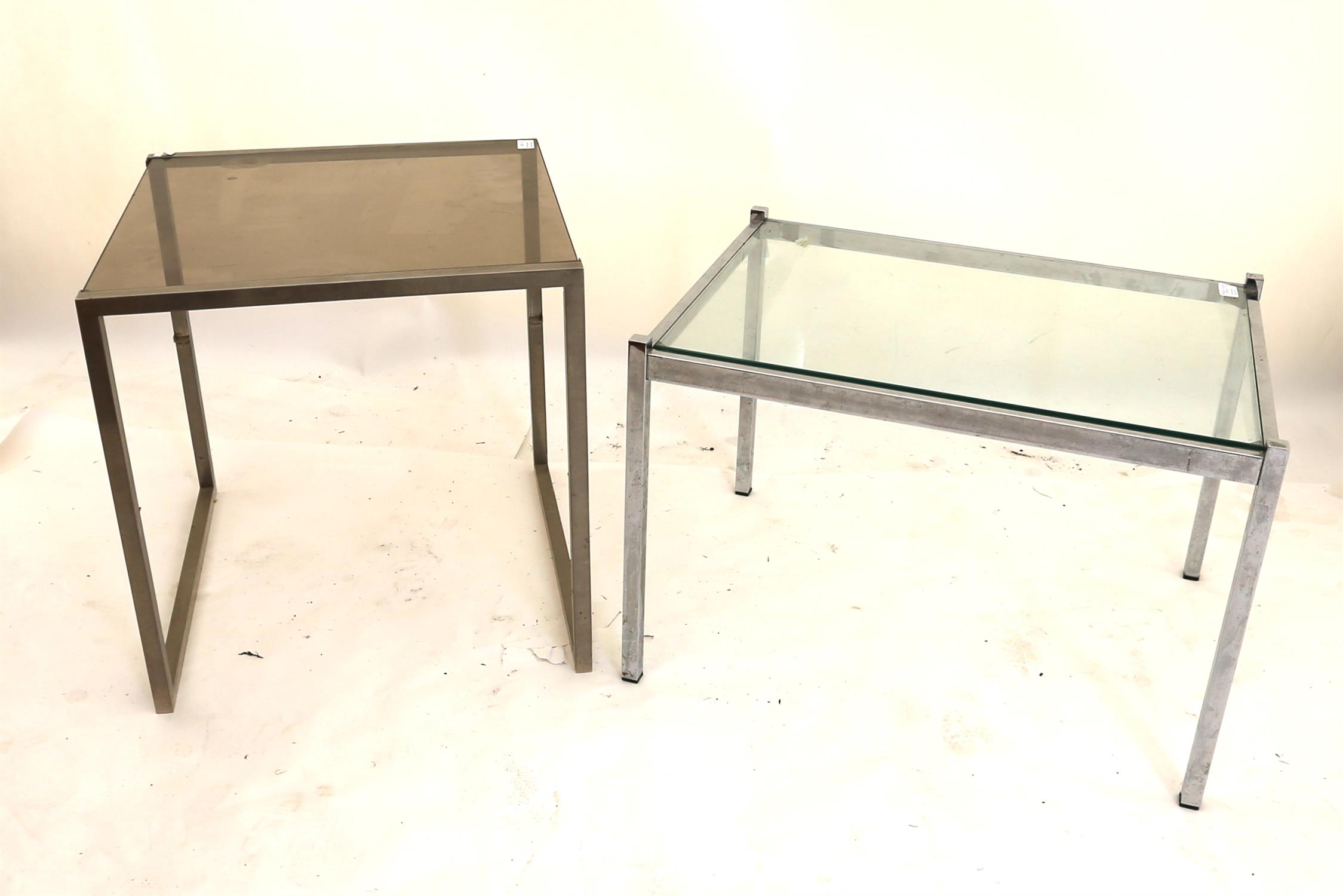 Two 1970's chrome side tables with smoked glass tops, H51 x W50 x D50cm (2)