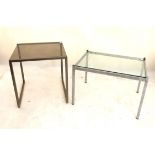 Two 1970's chrome side tables with smoked glass tops, H51 x W50 x D50cm (2)