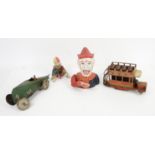 Collection of vintage toys to include a Lehmann tinplate Autobus No.590, lithographed in red yellow