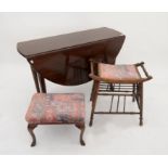 Mahogany drop leaf table, on tapered legs and pad feet, together with an oak stool with floral