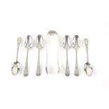Set of six provincial silver bright cut spoons with tongs by Thomas Sewell I, Newcastle 1861