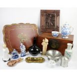 Selection of items to include an Asian wooden box, painted wooden tray, Asian carved wall plaque,