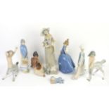 Lladro figures to include a lady in blue dress, boy cook with Pig, Satyr male and female,