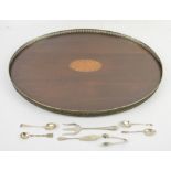 A rosewood tray and an small group of silver flatware