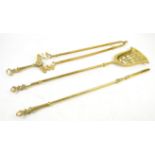Set of brass long handled fire tools comprising shovel, tongs and poker